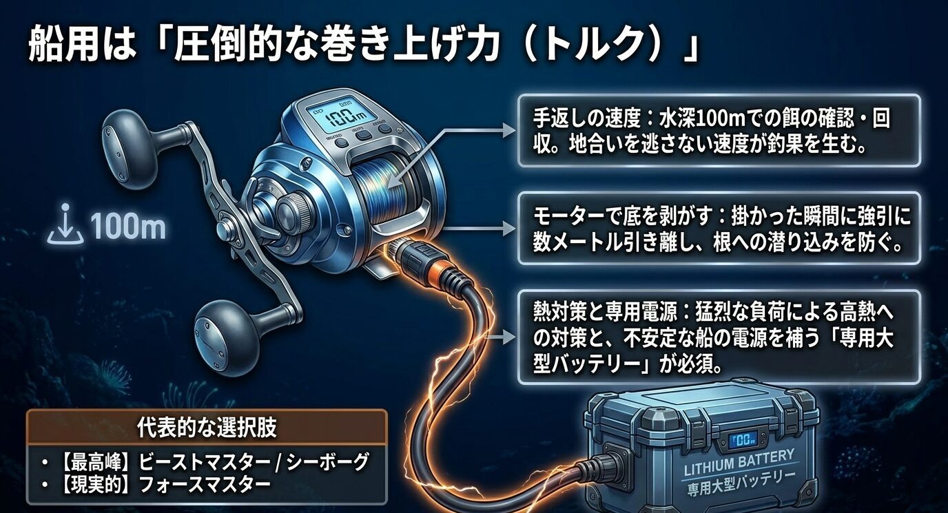 大型電動リールと専用バッテリーの図で、水深100m前後での回収速度、底切り、熱対策、代表モデルを説明したスライド