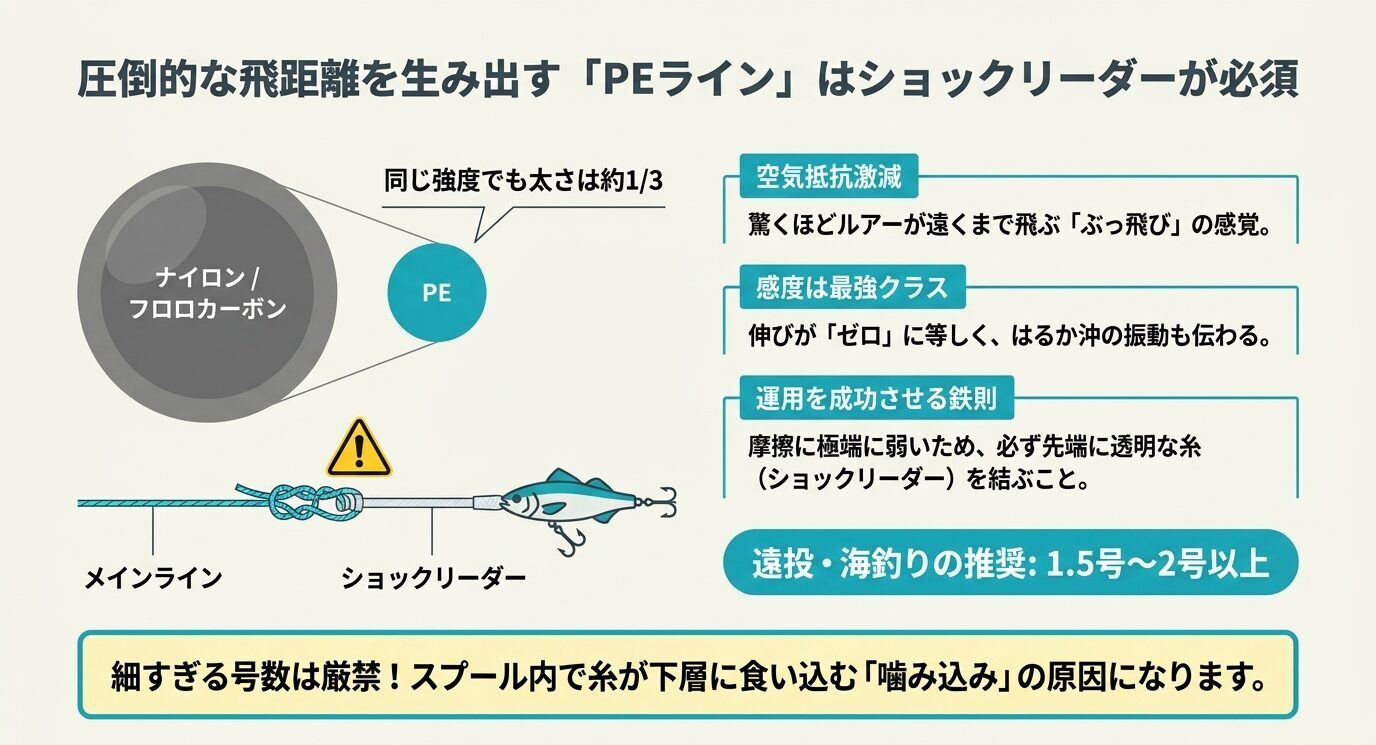 PEラインの細さによる飛距離、感度の高さ、ショックリーダーの必要性、細すぎる号数による食い込みリスクを示した図