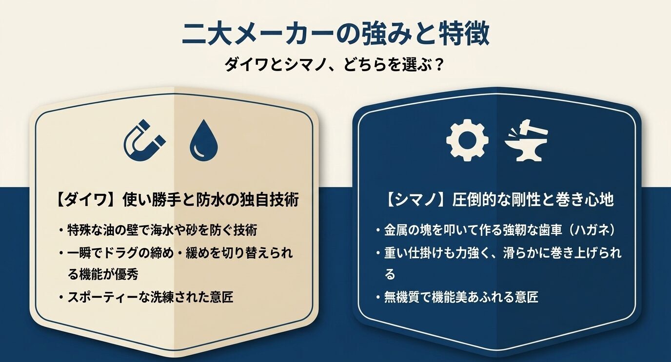 ダイワの防水性と使い勝手、シマノの剛性と巻き心地を左右に分けて比較したメーカー特徴図