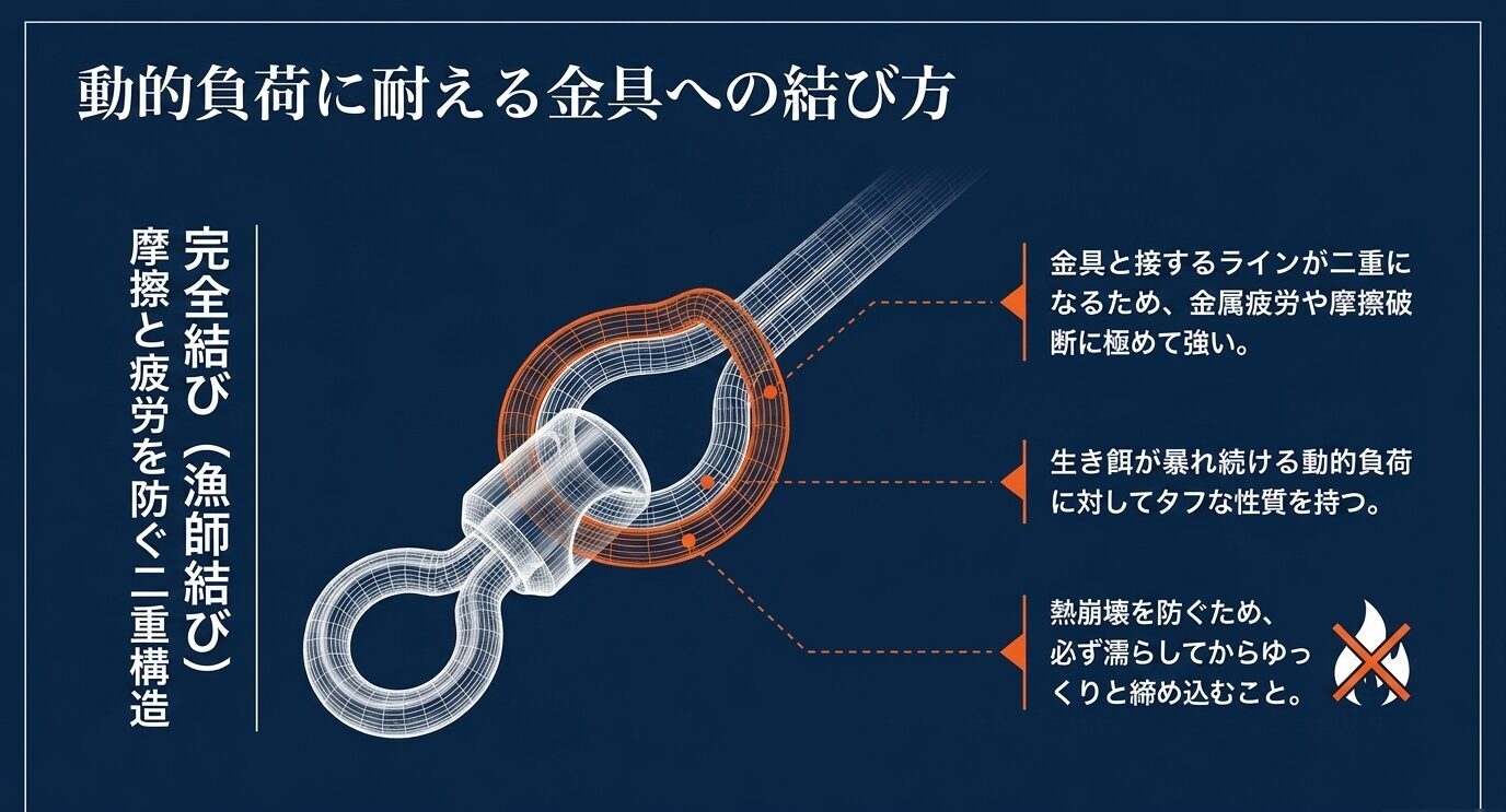 スイベルに結んだ完全結びの二重構造を拡大し、摩擦・疲労・熱崩壊への強さと濡らして締める重要性を説明した図。