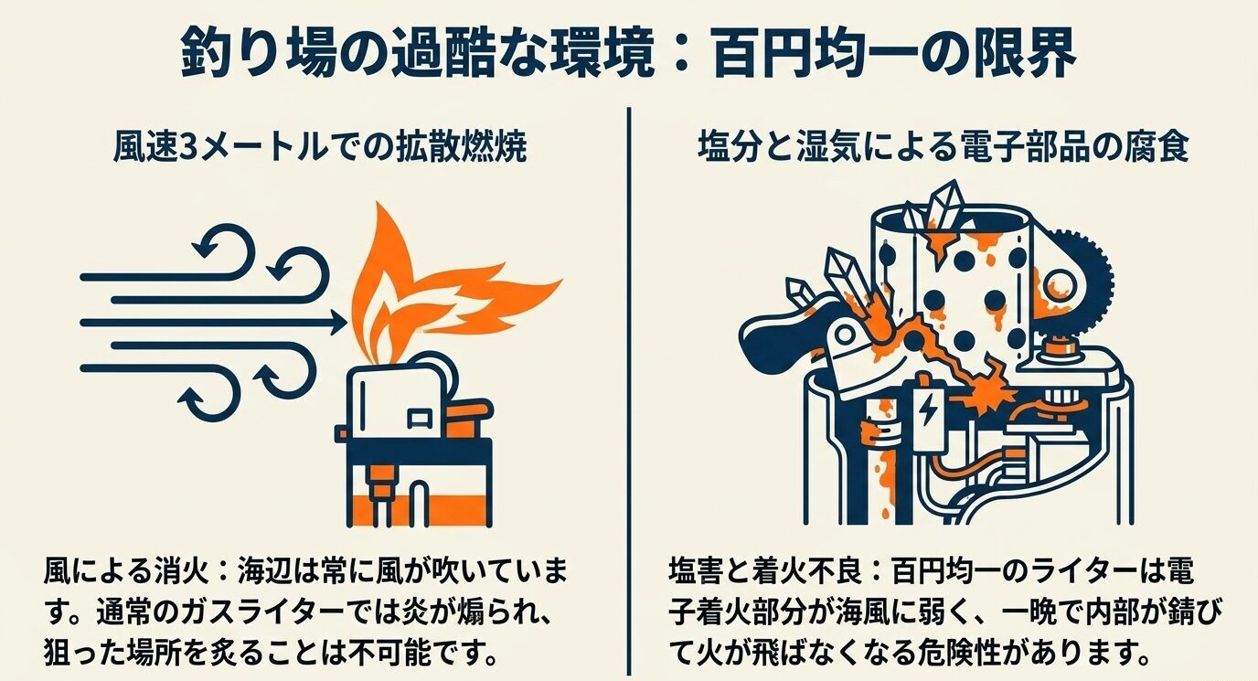 風で炎が流される様子と、塩分や湿気で内部部品が腐食したライターを並べて、100均ライターの弱点を示した図