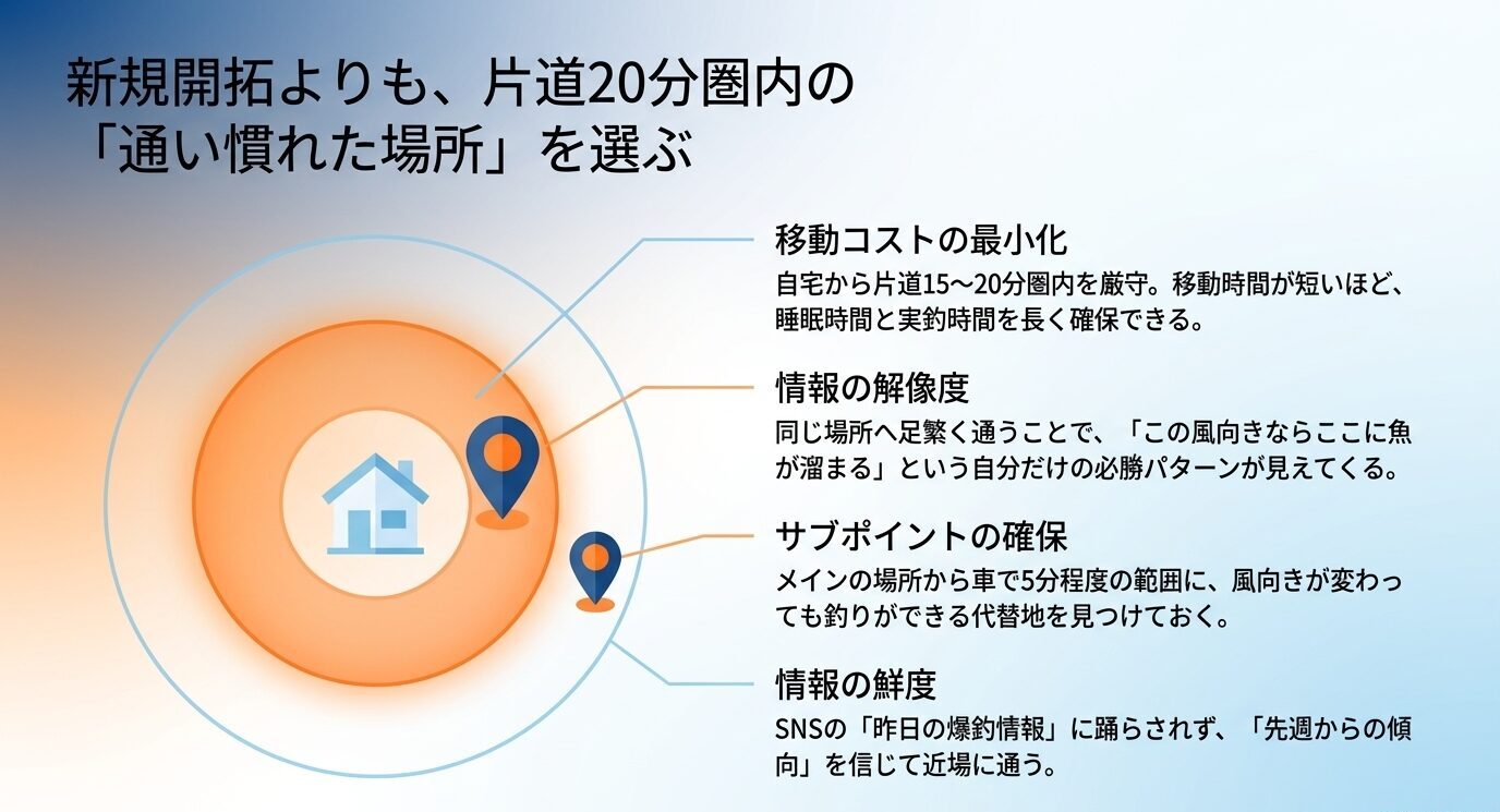 自宅から片道15〜20分圏内の通い慣れた釣り場を選び、サブポイントも確保する考え方を示した図解