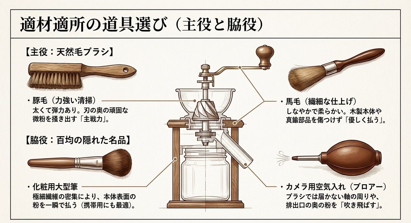 豚毛ブラシ、馬毛ブラシ、化粧用大型筆、カメラ用ブロアーを並べ、刃の掃除、本体の仕上げ、広い面の粉払い、奥の粉の吹き飛ばしなど用途別に使い分けを示したスライド。