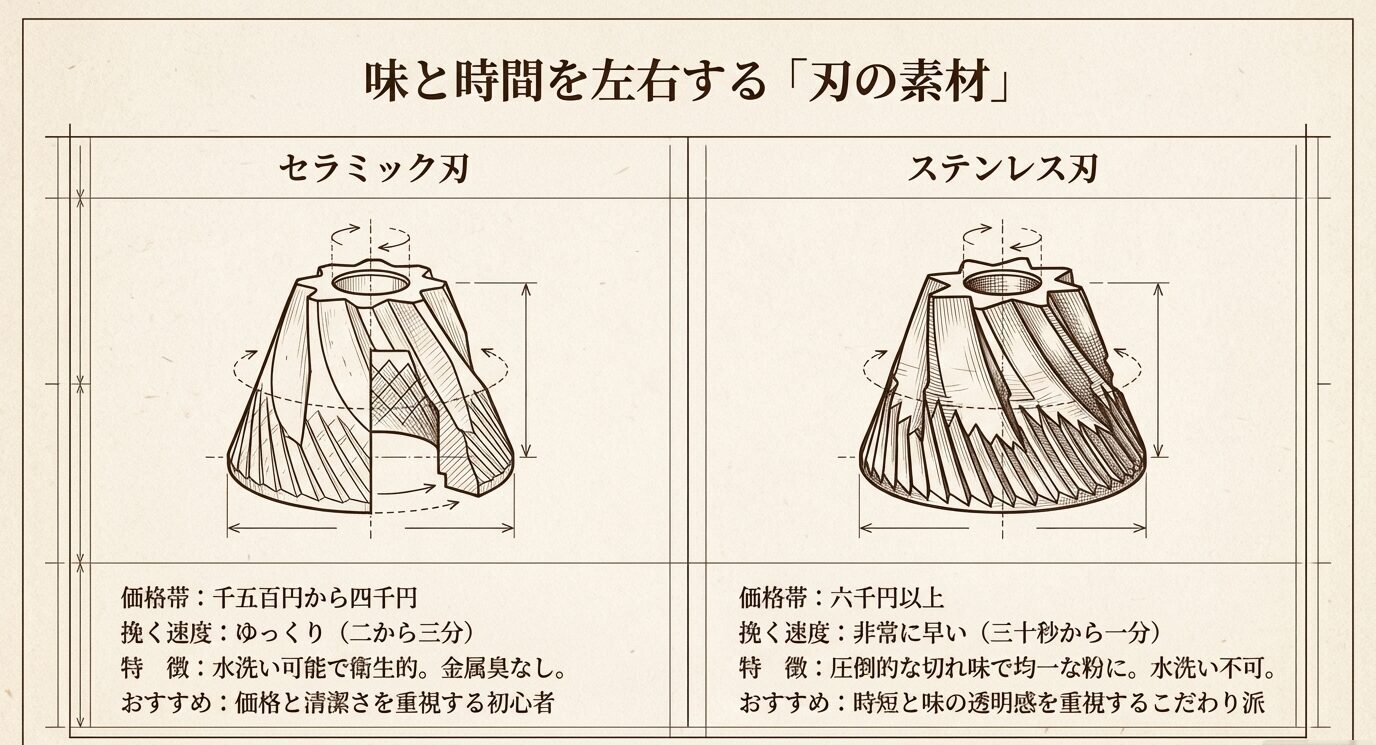 セラミック刃とステンレス刃の断面図を左右に並べ、価格帯、挽く速さ、手入れ方法、おすすめの人を比較したスライド。