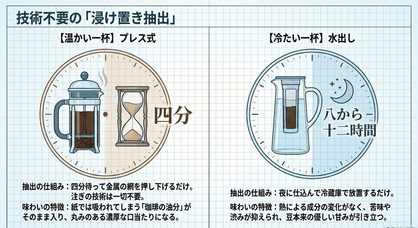 フレンチプレスは4分、水出しは8〜12時間で抽出する浸漬式の違いと味の特徴をまとめた図