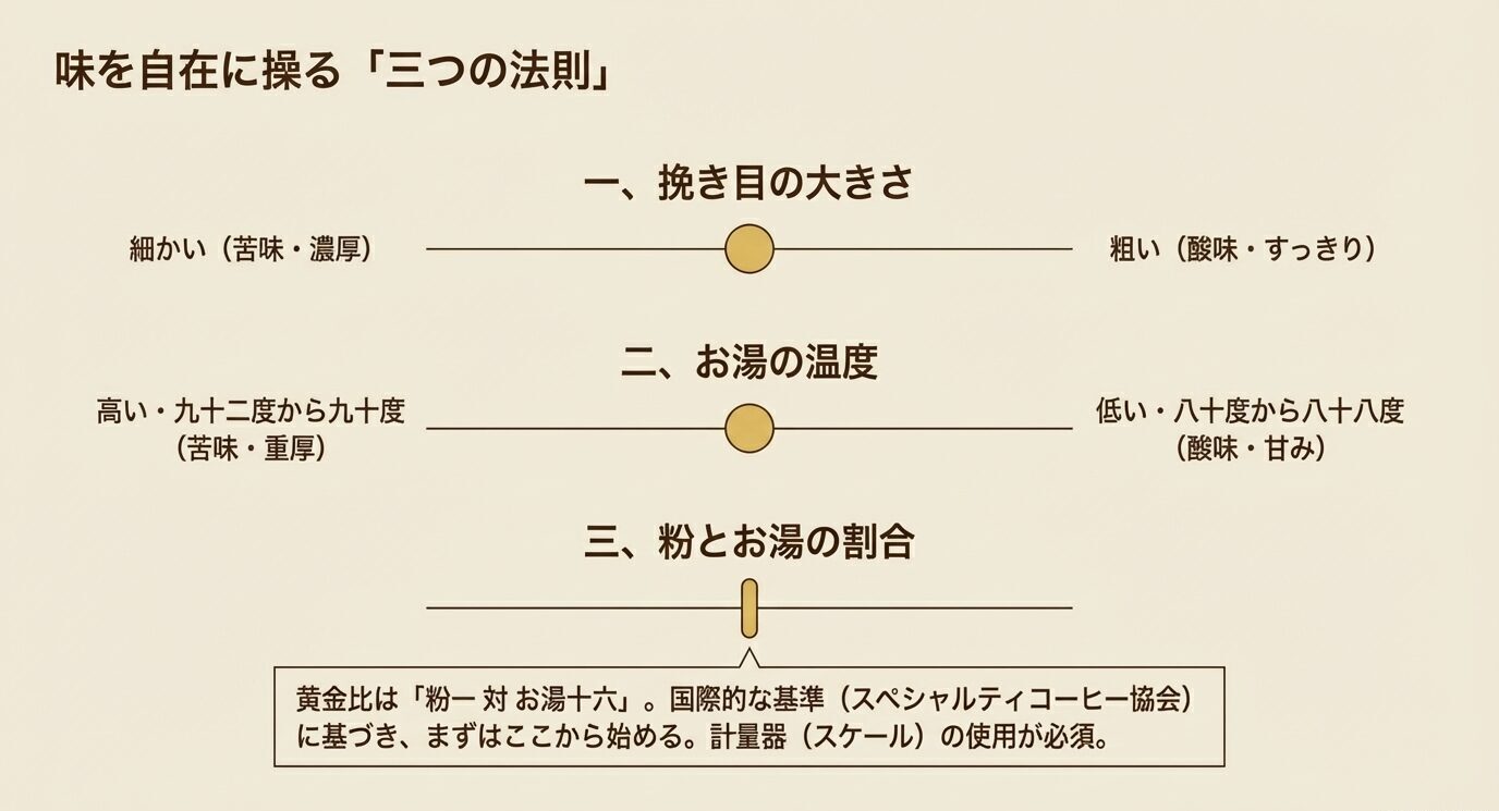 挽き目、お湯の温度、粉とお湯の割合の3要素で味を調整する考え方を示した図