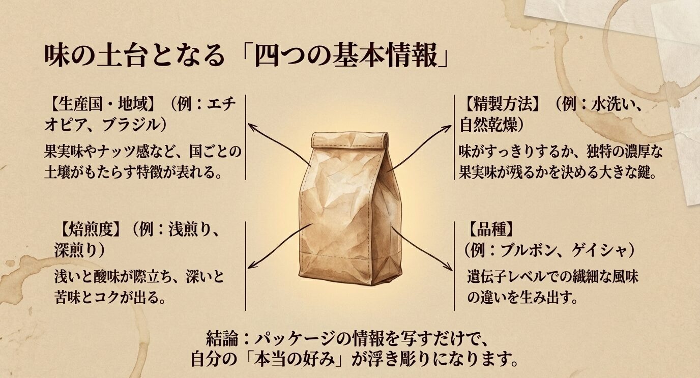 コーヒー豆の袋の図を中心に、生産国・地域、精製方法、焙煎度、品種の4項目を整理した説明図
