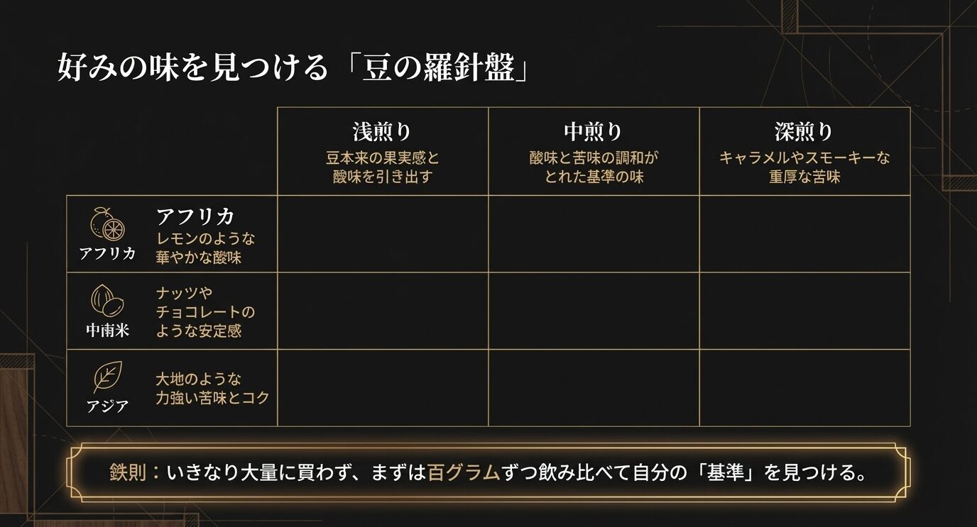 アフリカ・中南米・アジアの産地傾向と、浅煎り・中煎り・深煎りの違いを組み合わせて整理した豆選び表。