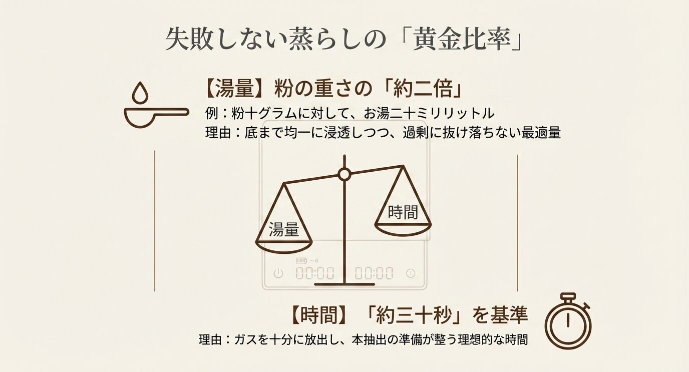 蒸らしのお湯の量は粉の重さの約2倍、蒸らし時間は約30秒が基準であることを、天秤と時計の図で示したスライド。