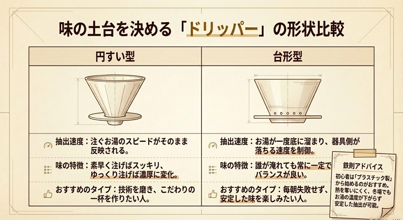 円すい型は注ぎ方で味を調整しやすく、台形型は抽出速度が安定しやすいことを、それぞれの向いている人とあわせて比較したドリッパー図解