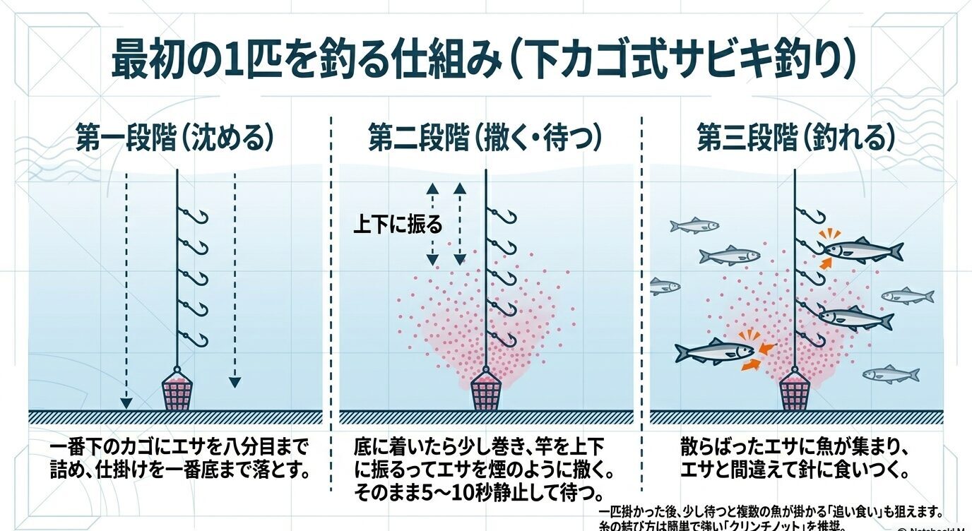 下カゴ式サビキ釣りで、仕掛けを沈める、エサを散らして待つ、魚が掛かるまでの流れを3段階で示した図
