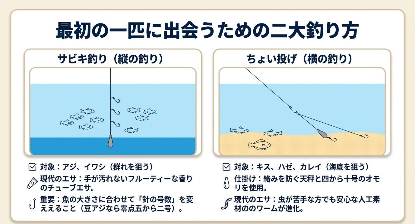 サビキ釣りはアジやイワシを縦に狙い、ちょい投げはキスやハゼを横に狙うと比較した図