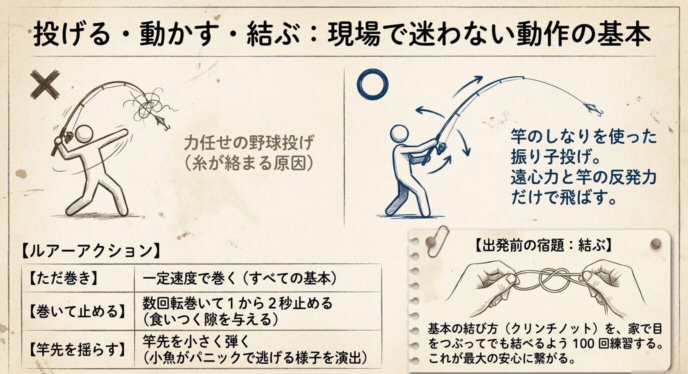 力任せの投げ方と振り子投げの違い、クリンチノット、ただ巻きやストップ＆ゴーなどの基本操作をまとめた図