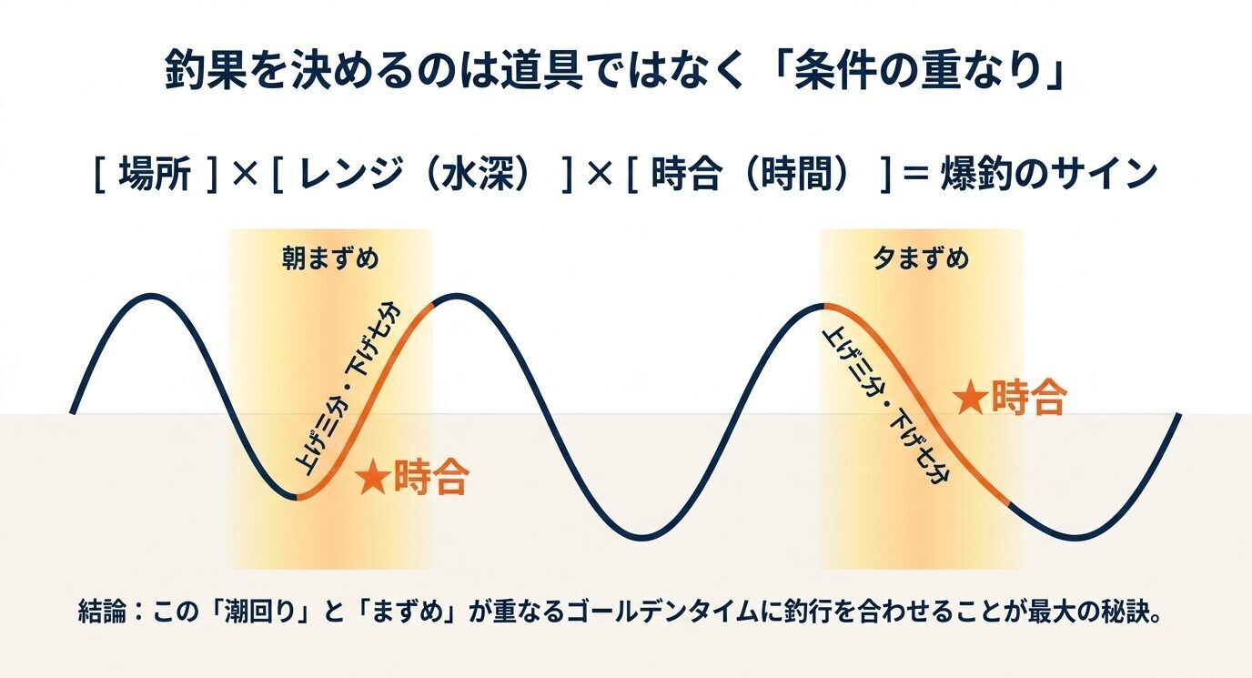 潮の満ち引きの波形に朝まずめ・夕まずめと上げ下げの好機を重ね、時合の考え方を示した図。