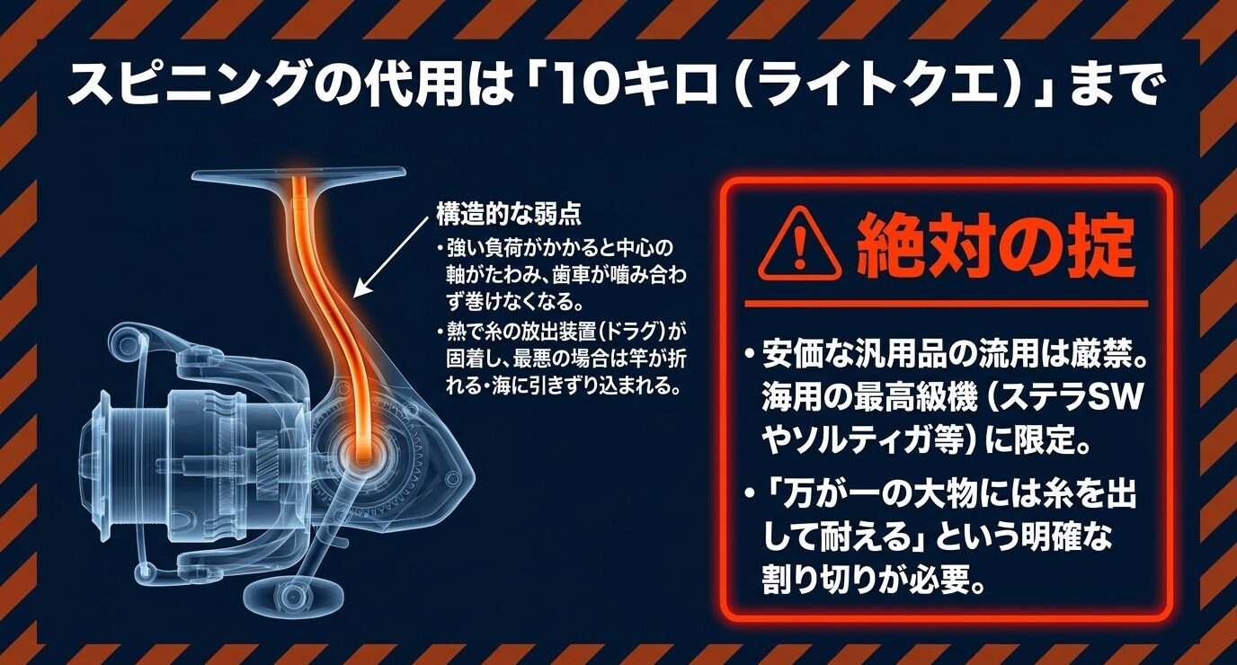 スピニングリール内部の軸のたわみを図示し、ライトクエ10kg級までの限定運用と安価な汎用品流用禁止を示したスライド