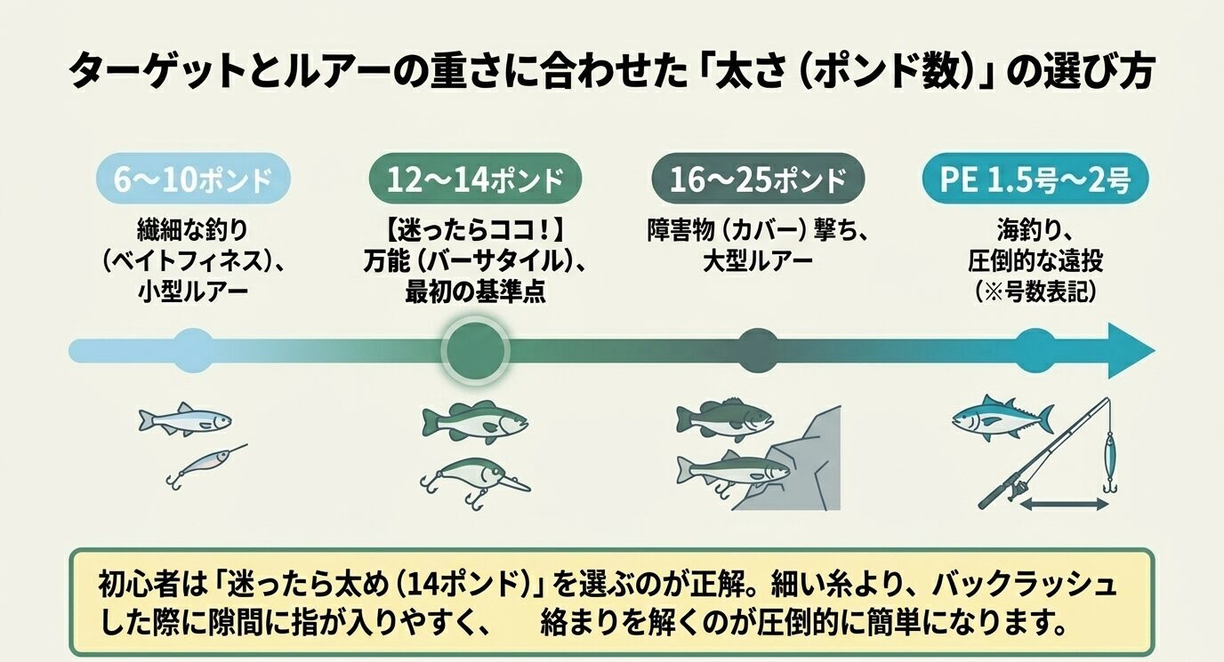 6〜10ポンド、12〜14ポンド、16〜25ポンド、PE1.5〜2号の用途をルアーや魚のイラスト付きで示したライン太さ選びの図