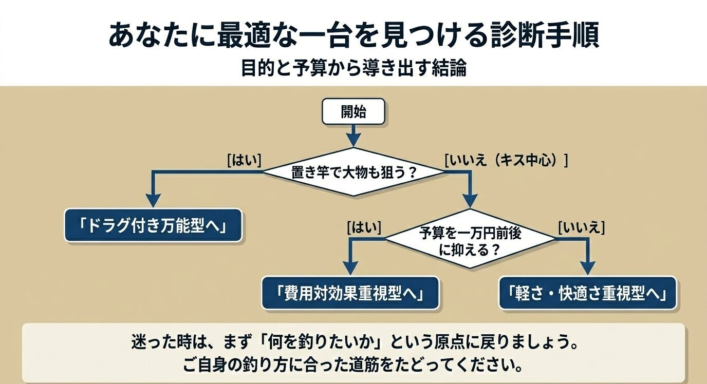 置き竿かキス中心か、予算を一万円前後に抑えるかでおすすめタイプを分岐する診断フローチャート