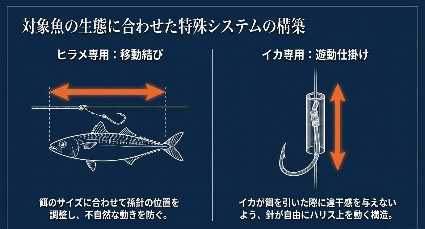 ヒラメ用の移動結びで孫針位置を調整する図と、イカ用の遊動仕掛けで針がハリス上を自由に動く図を並べた比較図。