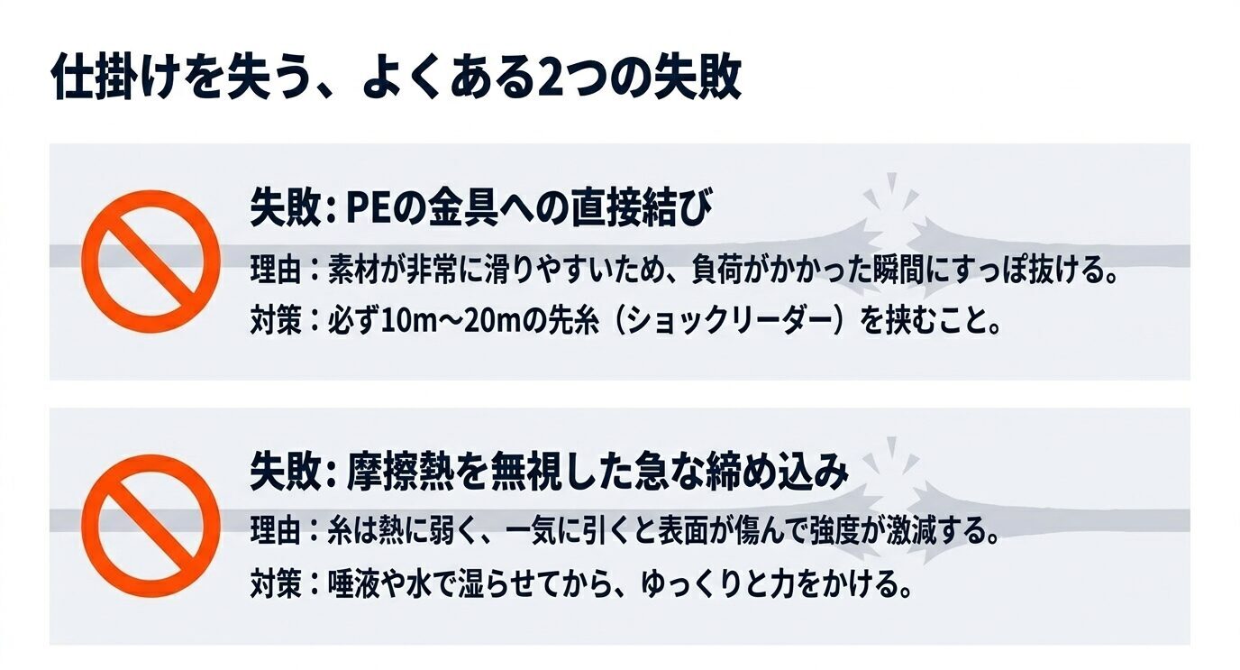 PEの金具への直結と、摩擦熱を無視した急な締め込みという2つの失敗例と対策を示した注意喚起スライド。