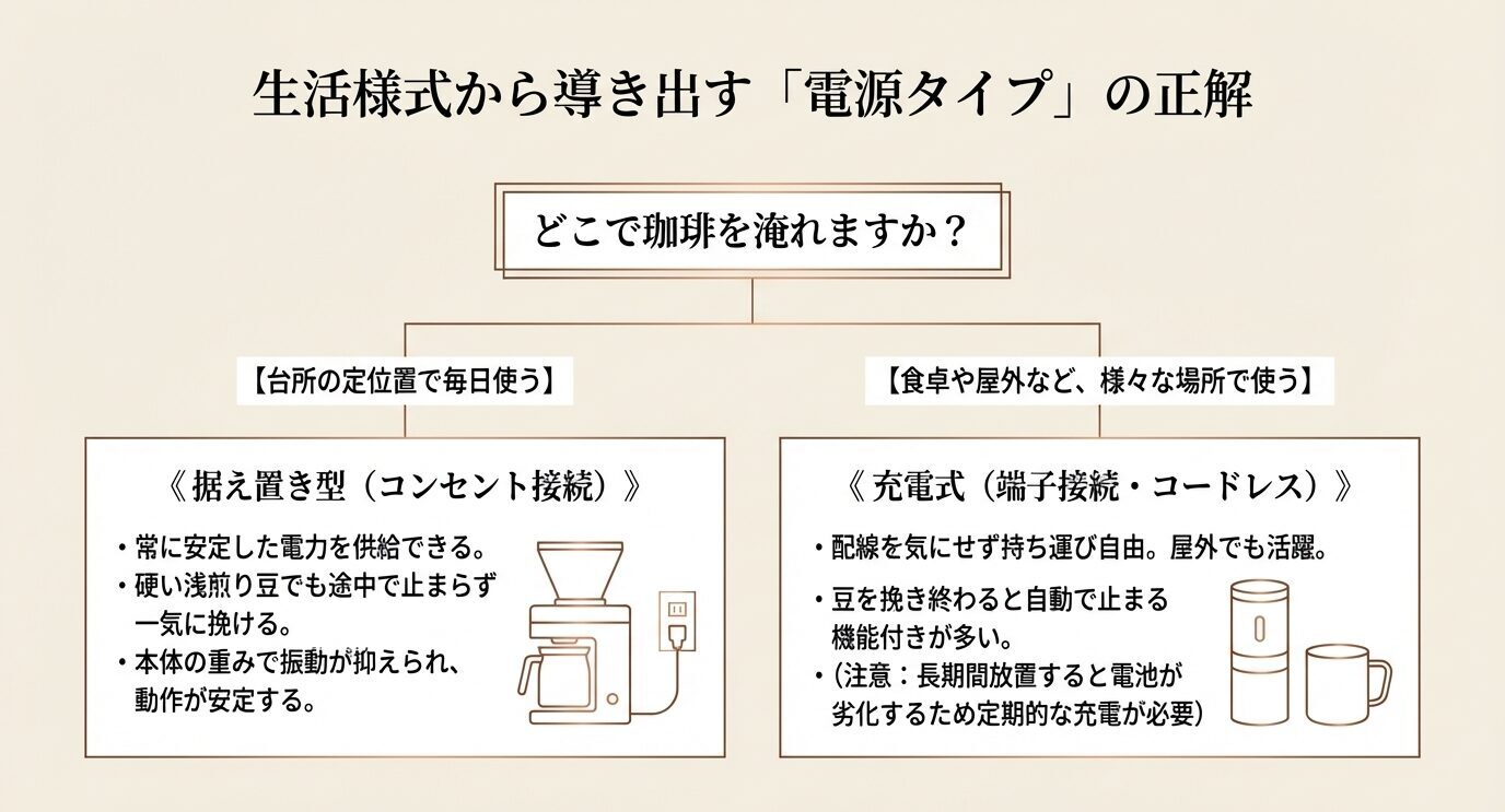 台所で毎日使う据え置き型と、屋外でも使いやすい充電式コードレスを比較したフローチャート形式のスライド。
