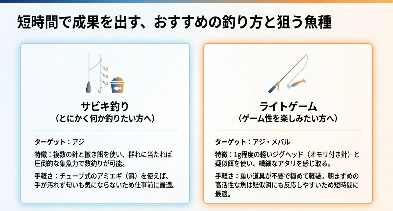 サビキ釣りはアジ狙い、ライトゲームはアジやメバル狙いとして、短時間で成果を出しやすい釣り方を比較したスライド
