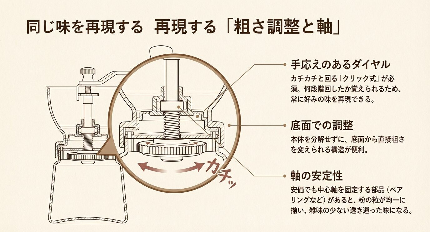 クリック感のあるダイヤル、底面調整、軸の安定性を図解し、同じ味を再現しやすい手動ミルの条件を示したスライド。