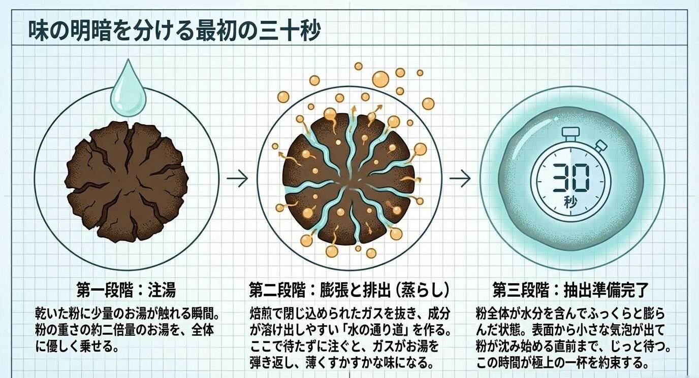 少量のお湯を注いでからガスが抜け、粉全体が膨らんで抽出準備が整うまでの蒸らし3段階を30秒で示した図