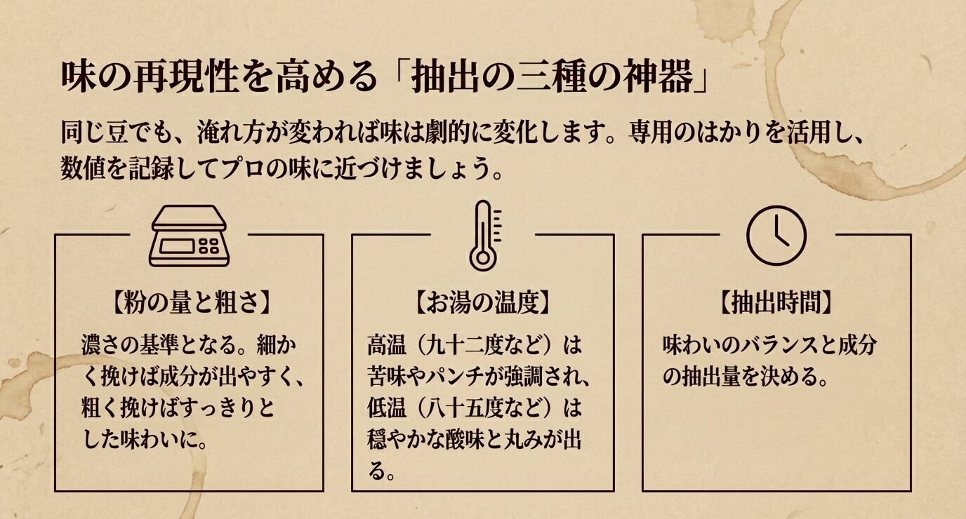 粉の量と粗さ、お湯の温度、抽出時間の3要素が味の再現性に関わることを示した図