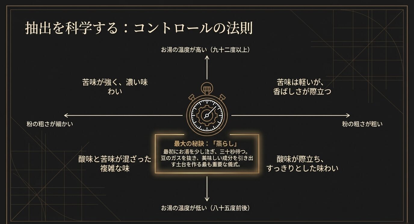 抽出温度と粉の粗さによる味の変化に加え、中央で蒸らしの重要性を示した抽出コントロール図。