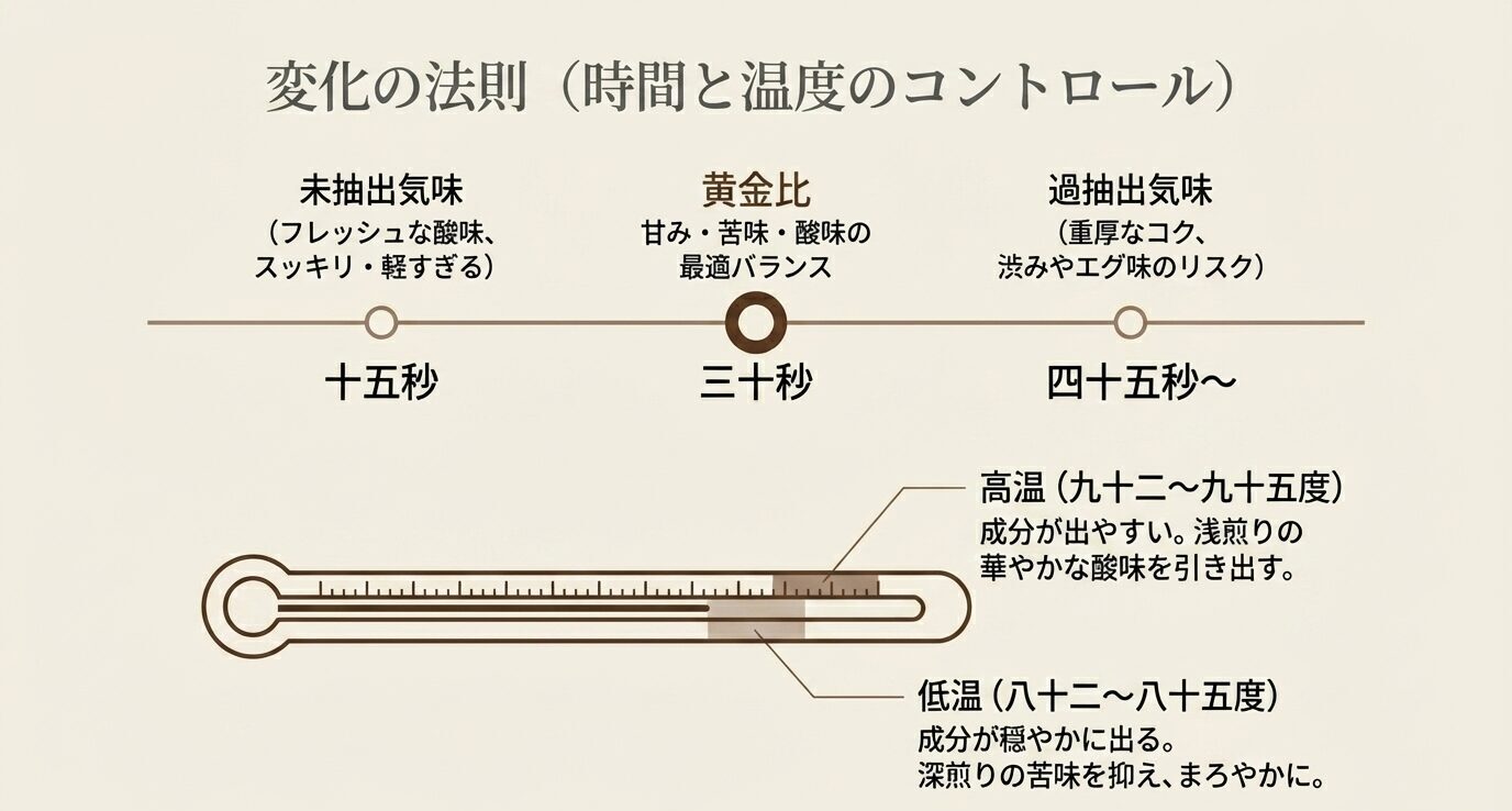 15秒・30秒・45秒以上の蒸らし時間による味の違いと、低温帯・高温帯で引き出される味の傾向を示した図解。