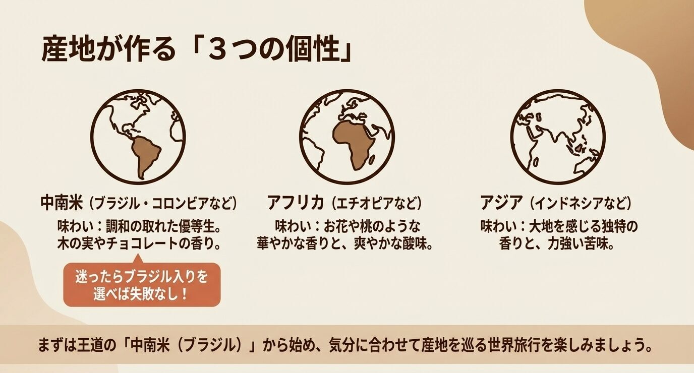 中南米、アフリカ、アジアの3エリアについて、代表国と味の個性を地球アイコン付きで説明した図。迷ったらブラジル入りを選ぶと失敗しにくいことも示している。