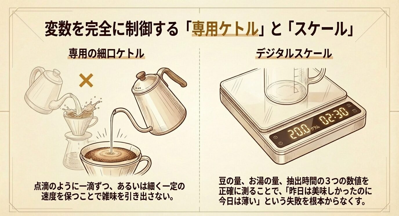 細口ケトルでお湯の流れを一定に保ち、デジタルスケールで豆量・湯量・抽出時間を正確に測ることで味の再現性を高めることを示した図