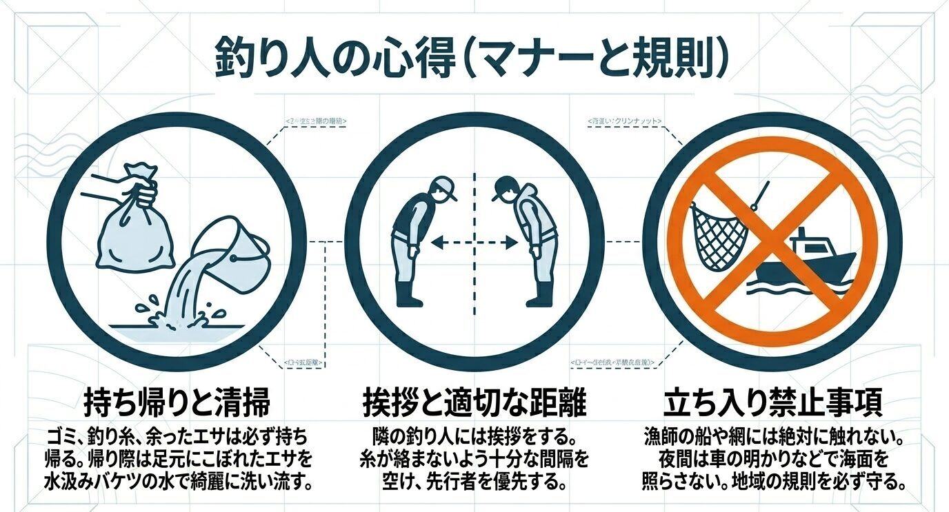 ゴミの持ち帰り、隣の釣り人への挨拶と適切な距離、立入禁止区域を守ることを示したマナー図