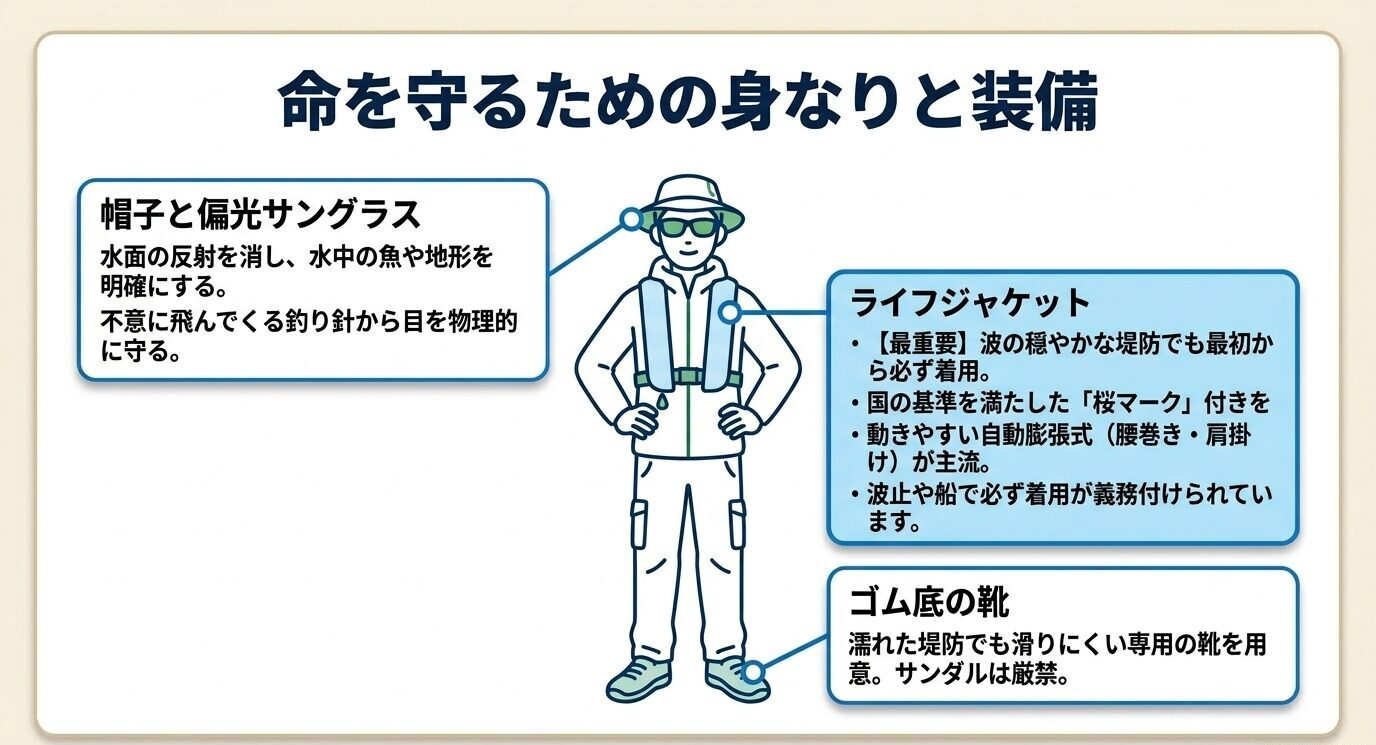帽子と偏光サングラス、ライフジャケット、滑りにくいゴム底の靴を着用した海釣り初心者向け装備の図