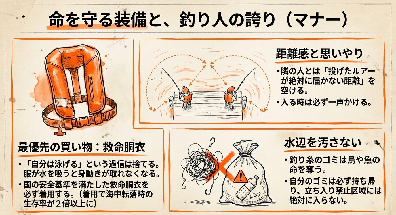 ライフジャケット、隣の釣り人との距離の取り方、釣り糸ごみを捨てないことを示した注意喚起の図