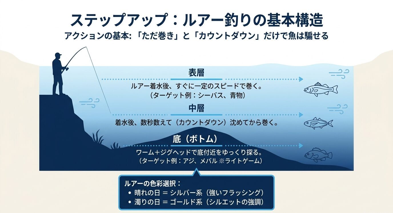 表層・中層・底の各レンジでの狙い方、ただ巻きやカウントダウンの使い分け、色選びの基本を示したルアー釣りの図解。