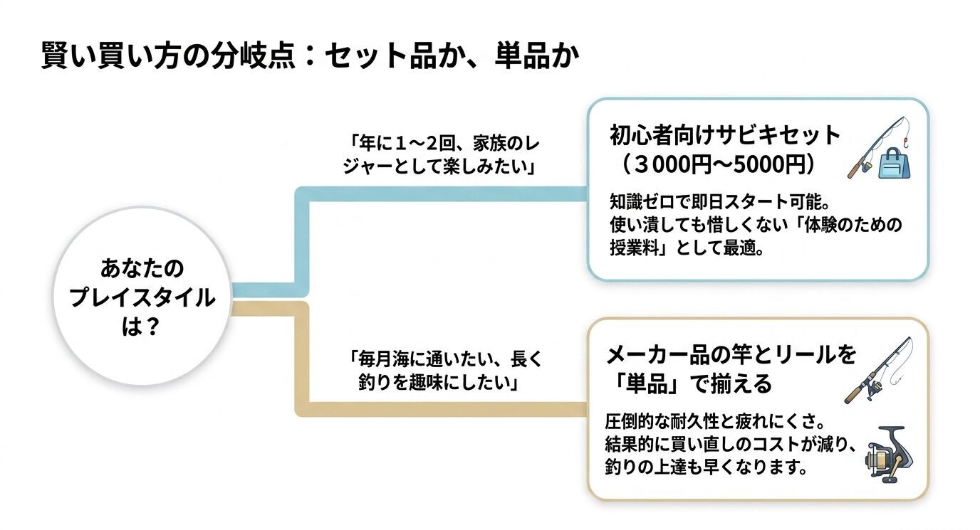 年1〜2回のレジャーなら3000〜5000円の初心者セット、長く続けるならメーカー品の竿とリールを単品でそろえるべきと示した分岐図。