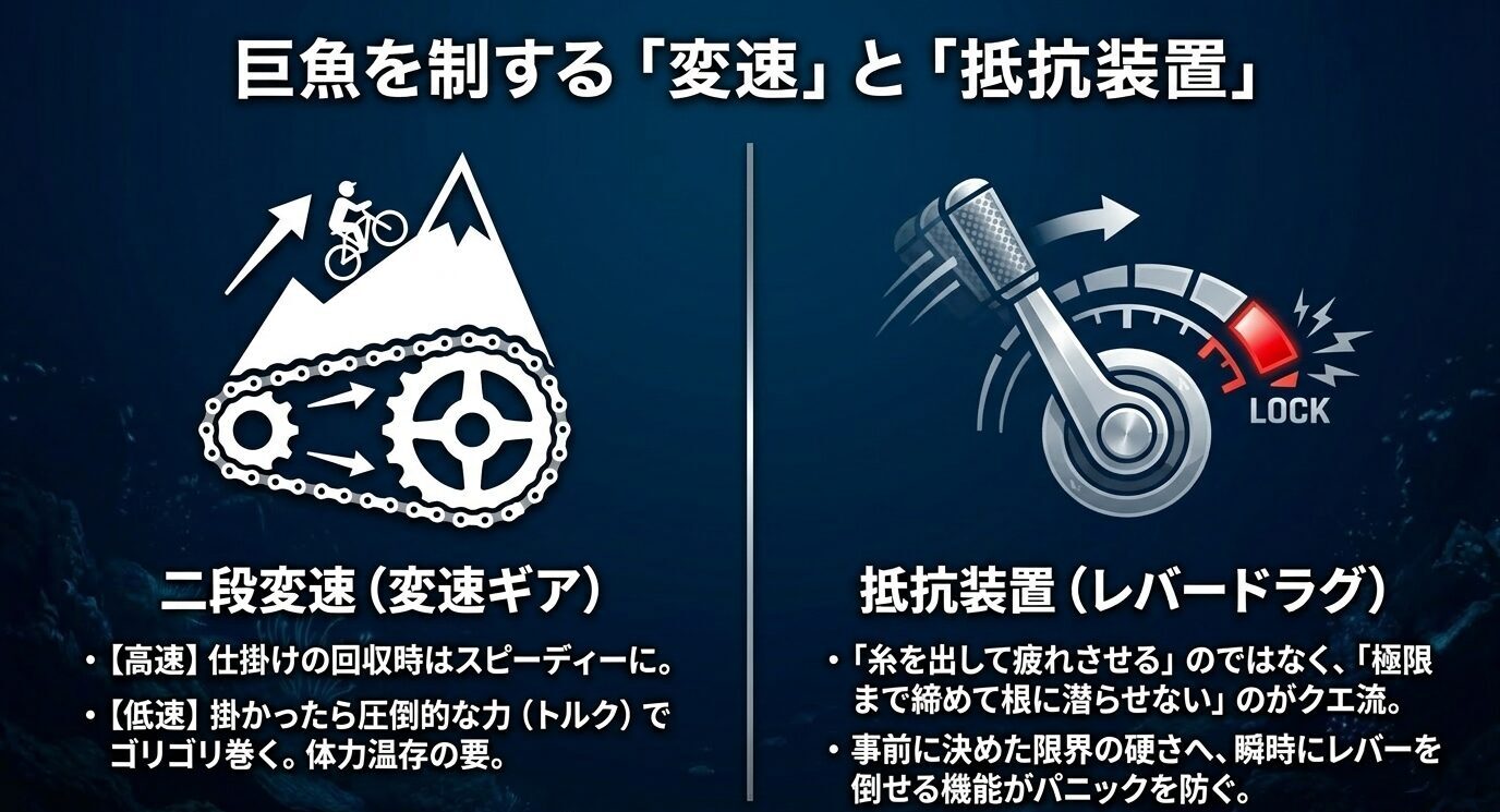 二段変速ギアとレバードラグの図で、高速回収、低速トルク、根に潜らせないドラグ運用を説明したスライド