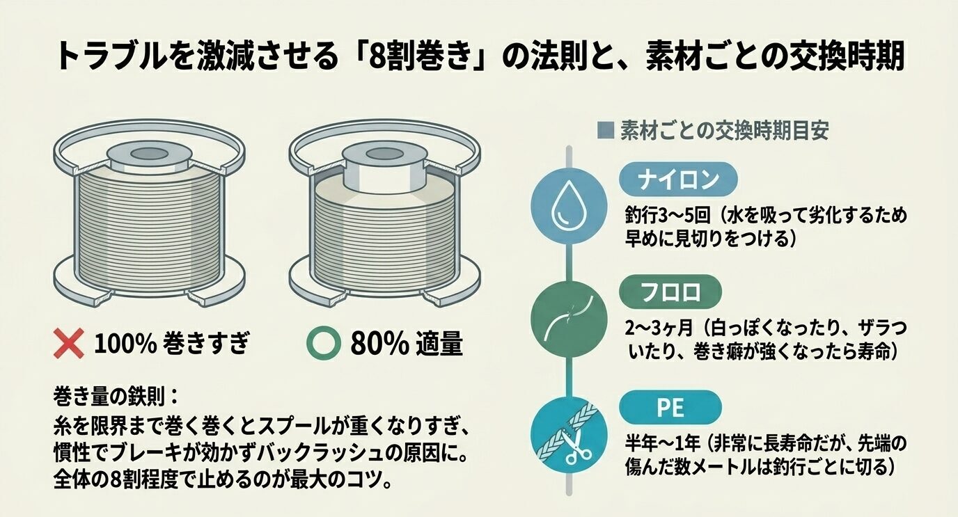 スプールの巻きすぎと適量の比較、ナイロン・フロロ・PEそれぞれの交換時期の目安をまとめた図