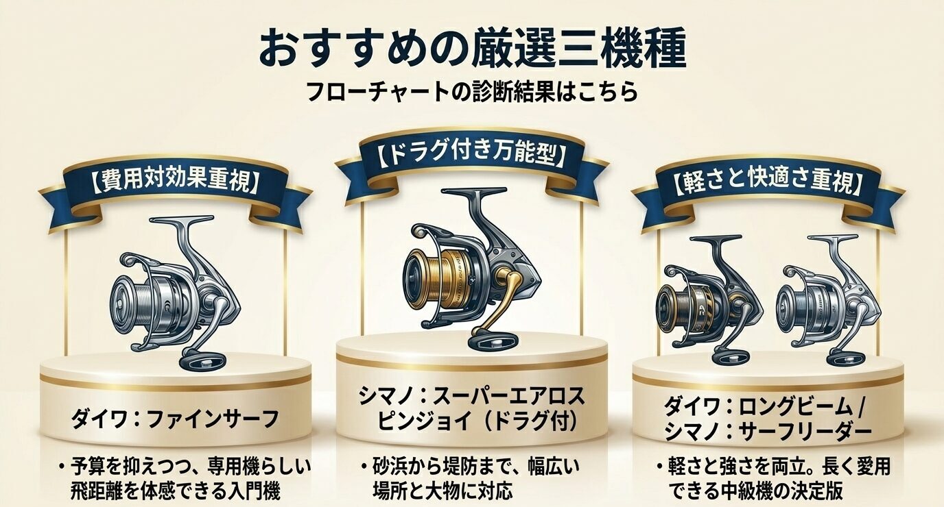 費用対効果重視、ドラグ付き万能型、軽さと快適さ重視の3タイプ別におすすめ機種を示した比較図