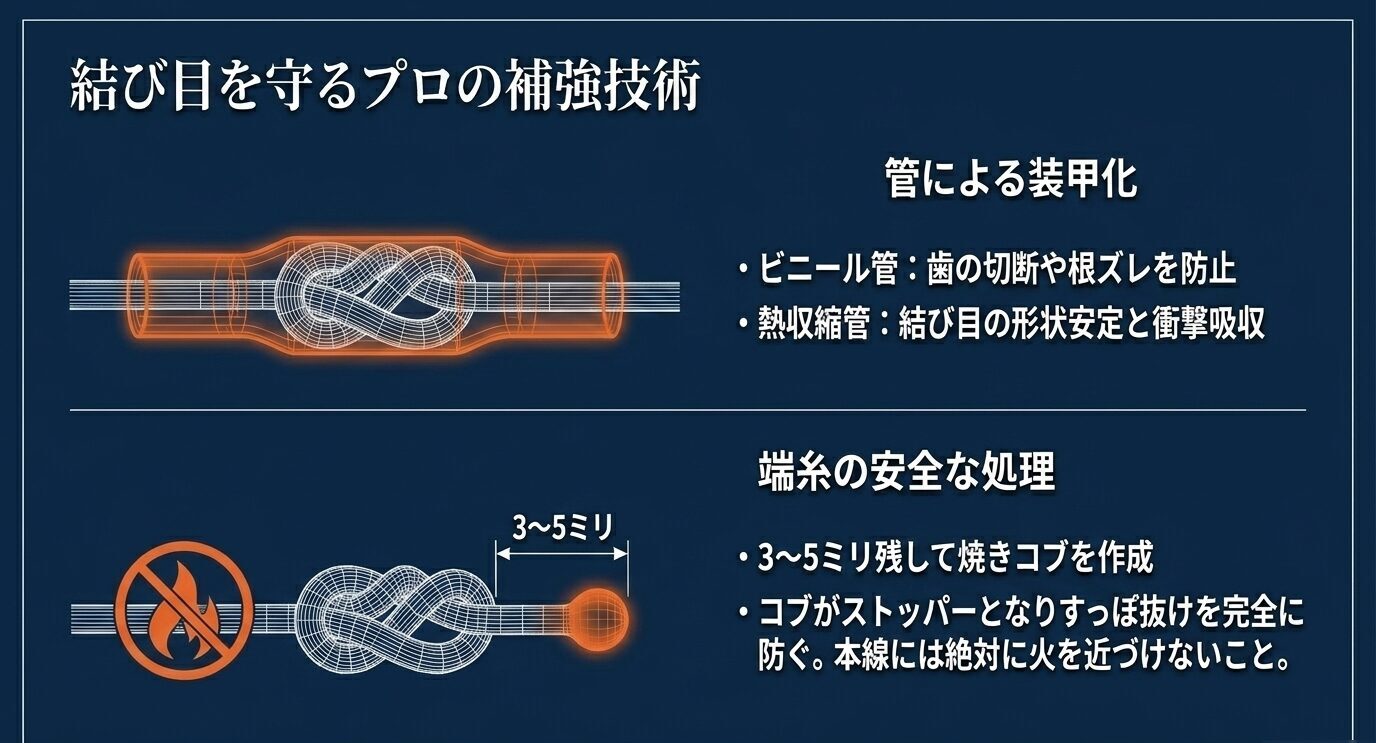 結び目をチューブで保護する方法と、端糸を3〜5ミリ残して焼きコブを作る安全な処理方法を示した補強技術の図。