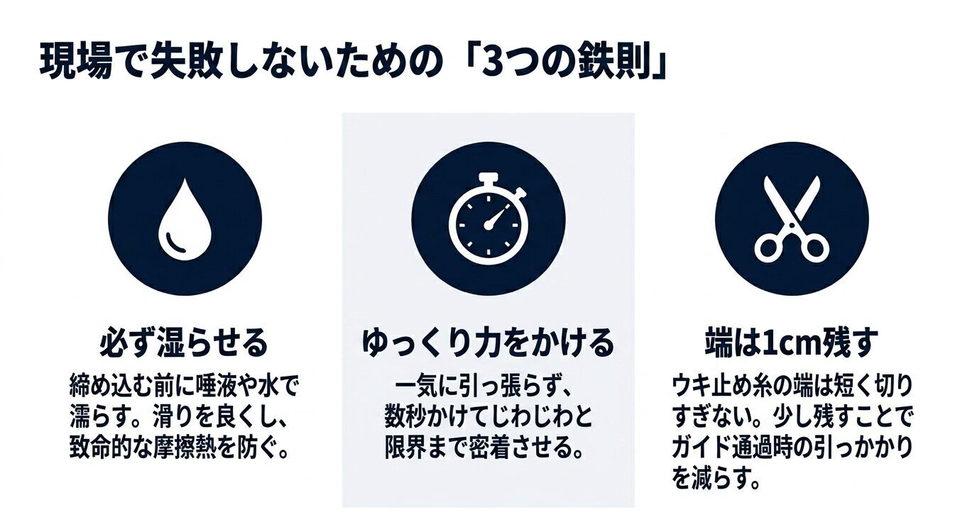 ノット作業で失敗を防ぐために、締め込み前に濡らすこと、ゆっくり力をかけること、余り糸を1cm残すことを示したスライド。