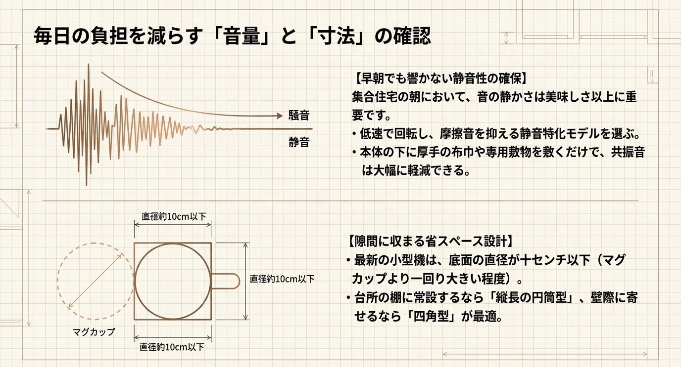 電動ミル選びで確認したい騒音の考え方と、直径10cm前後の省スペース設計の目安を図で示したスライド。