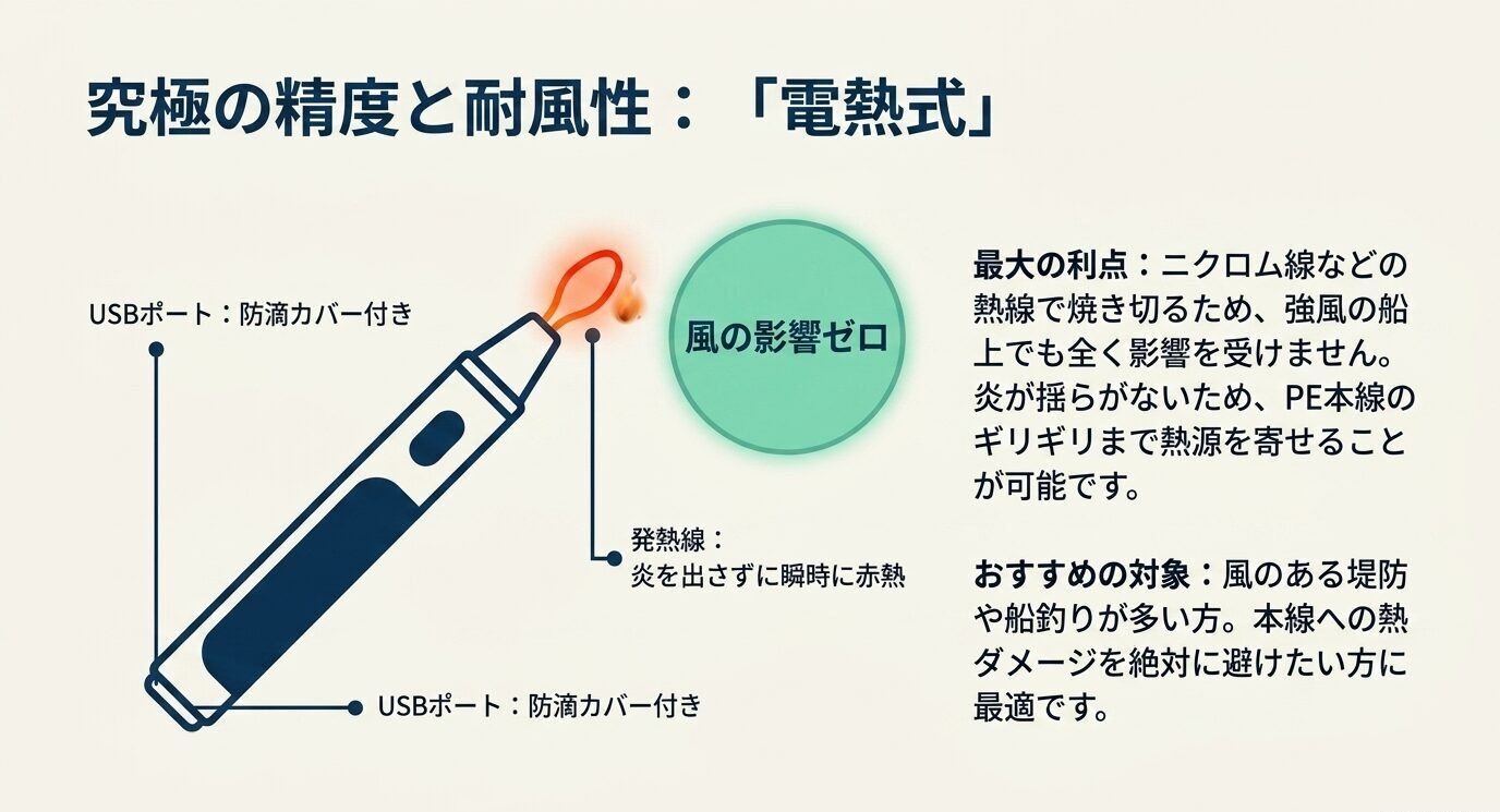USB充電式の電熱カッターの構造と、風の影響を受けず精密に熱を加えられる利点を示した図