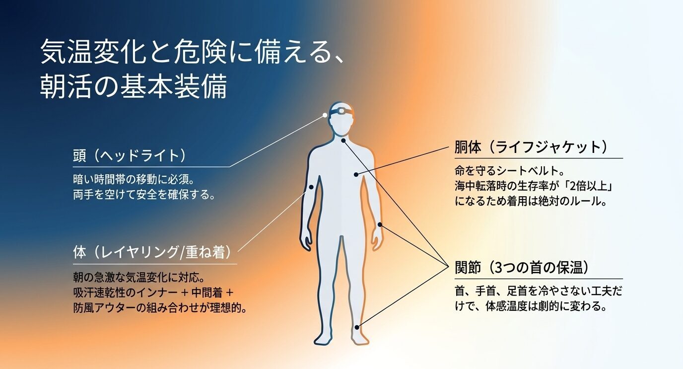 早朝の釣りで必要なヘッドライト、重ね着、ライフジャケット、首・手首・足首の保温を示した安全装備の図解