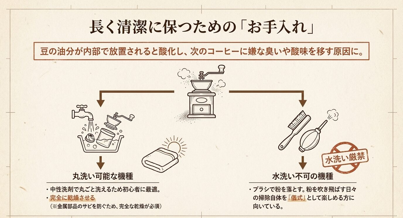 丸洗い可能な機種と水洗い不可の機種を分けて、洗い方、ブラシ掃除、完全乾燥の重要性を示したメンテナンス解説スライド。