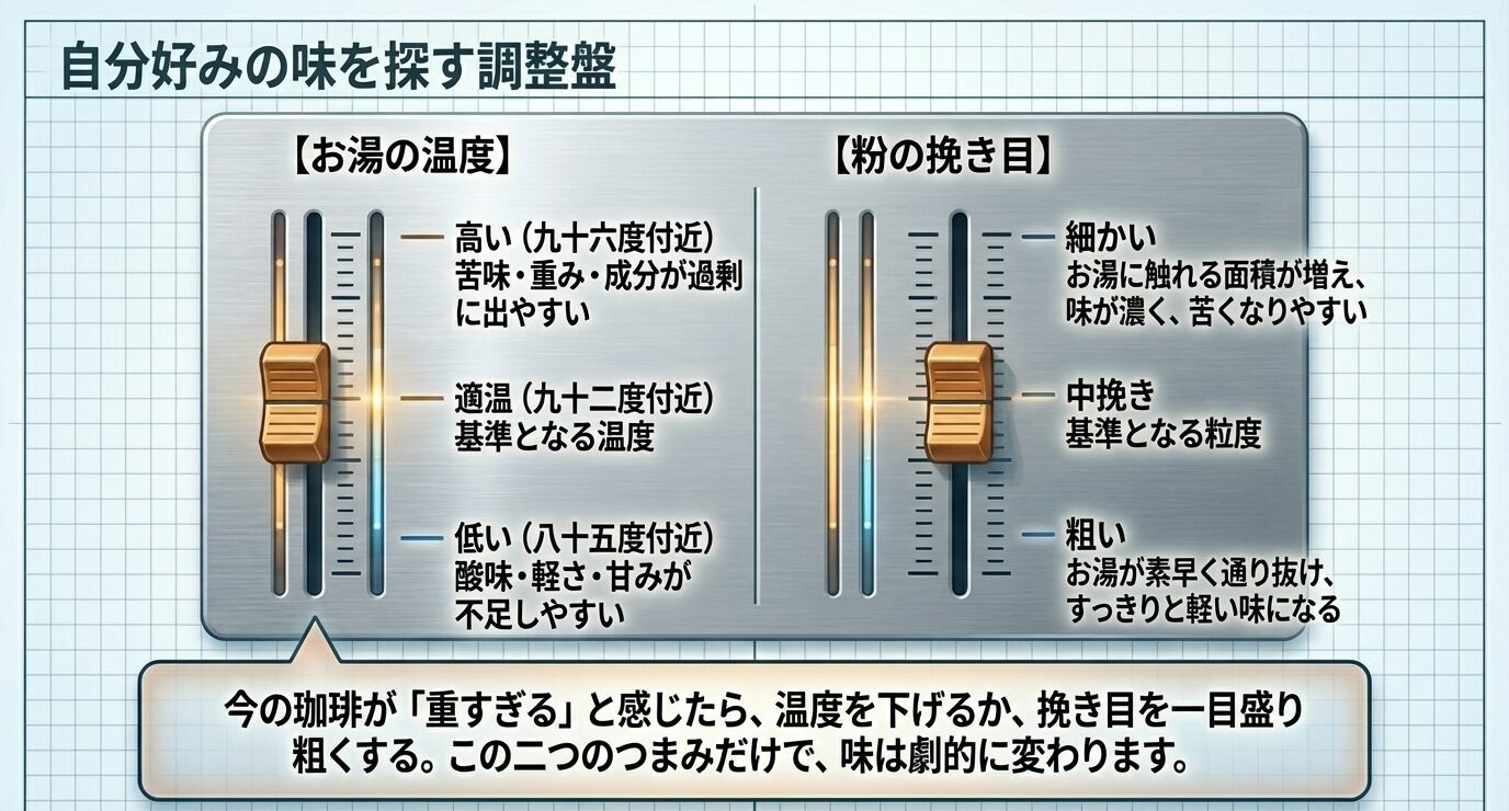 お湯の温度と粉の挽き目をスライダーで示し、高温・適温・低温、細挽き・中挽き・粗挽きで味がどう変化するかを整理した図
