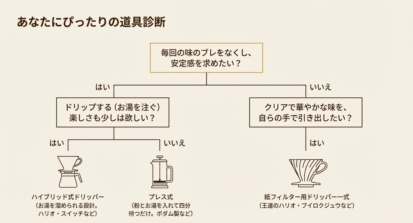 安定感や味の好みに応じて、ハイブリッド式、プレス式、紙フィルタードリッパー式を選ぶフローチャート