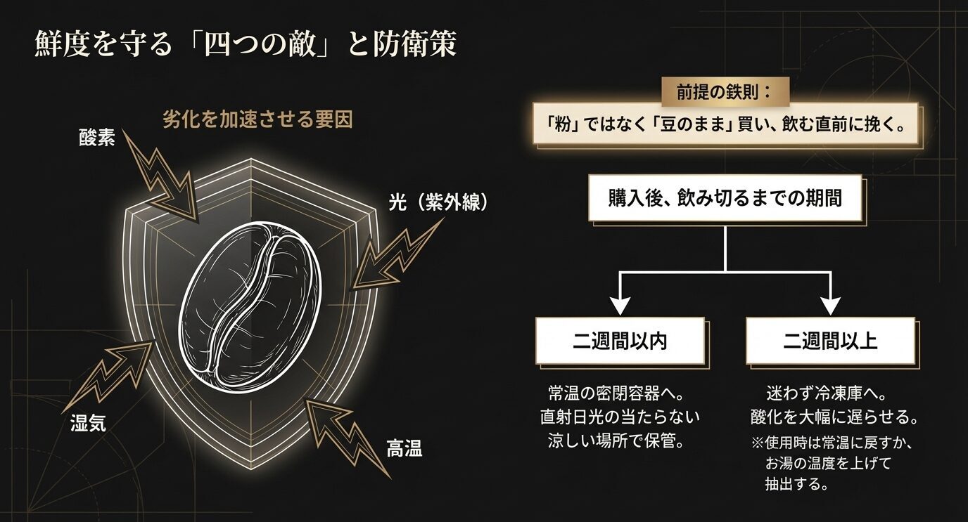 酸素、光、湿気、高温の4つの劣化要因と、2週間以内は常温保存、2週間以上は冷凍保存とする判断を示した図。