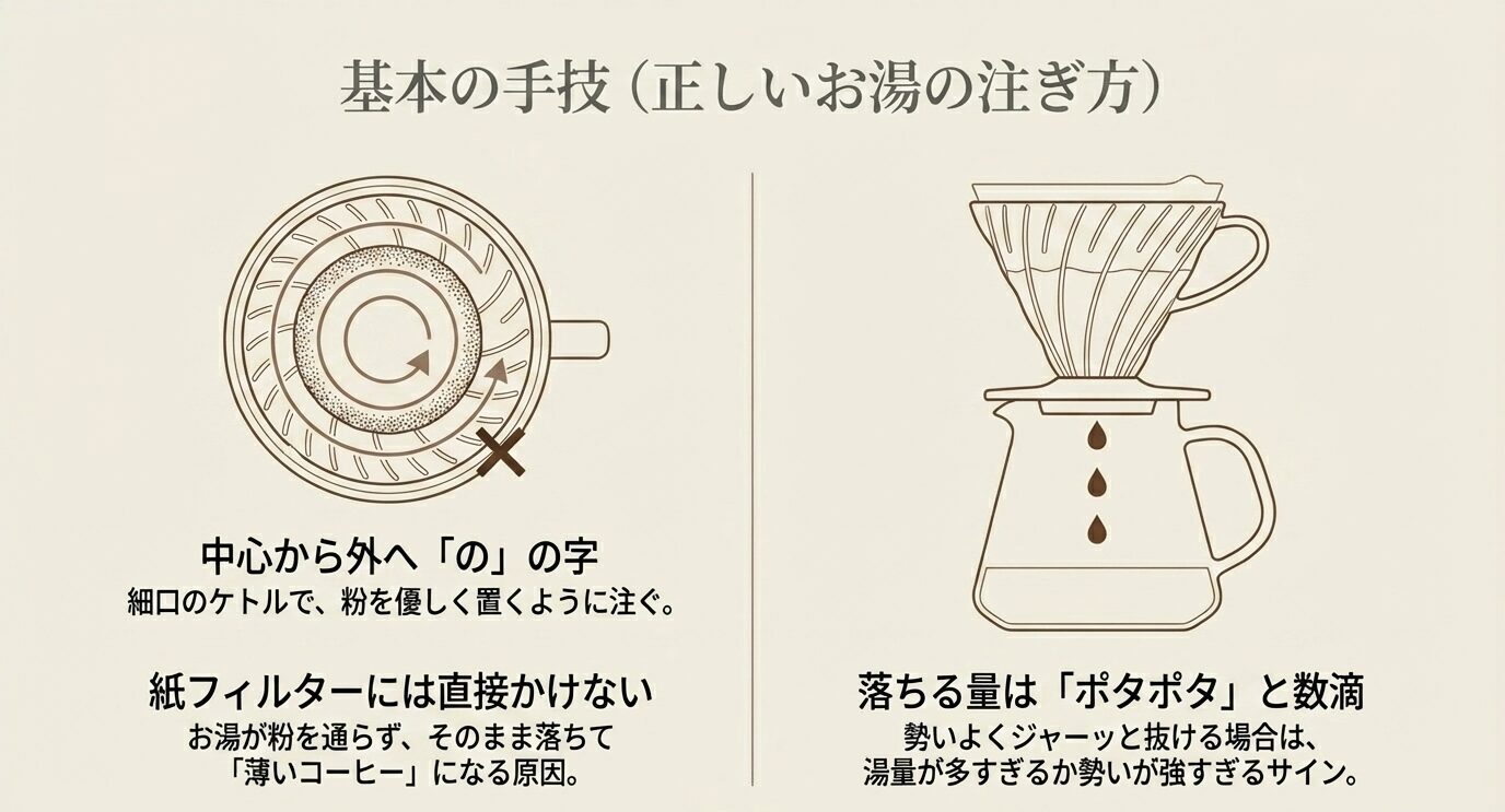 蒸らしでは中心から外へ「の」の字に注ぎ、紙フィルターには直接かけず、サーバーに落ちる量は数滴程度が目安であることを示した図。